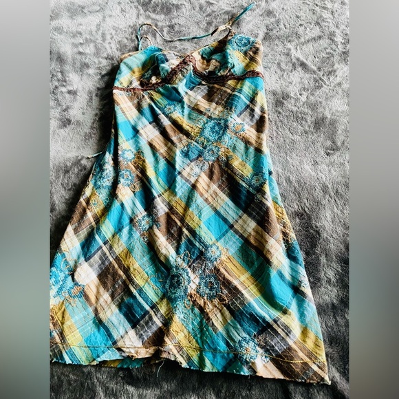 Strap back, mini cotton dress in blue and brown size M - Picture 4 of 6